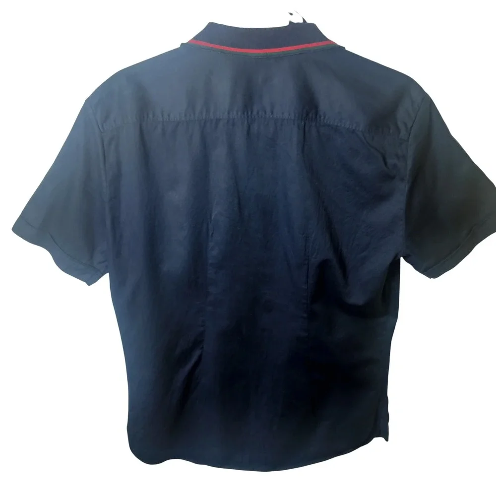 Gucci Duke Mens Navy Blue Web Stripe Collar Short Sleeve Button Down Shirt 15.5